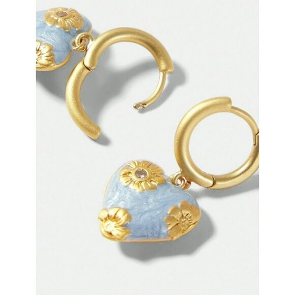 Gold-Plated Heart Hoop Earrings With Blue Enamel & Floral Detailing - Picture 3 of 6